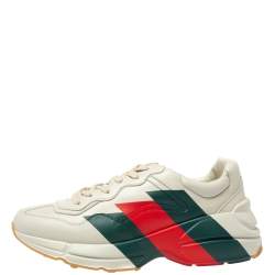 Pre Owned Gucci Cream Leather Web Rhyton Low Top Sneakers Size 41.5
