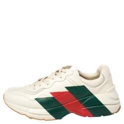 Pre Owned حذاء رياضى غوتشى منخفض من أعلى ريثون ويب جلد كريمى مقاس 43