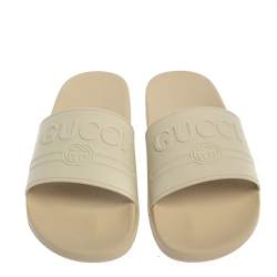 Gucci White Rubber Logo Pursuit Slide Sandals Size 44