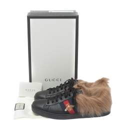 Gucci Black Leather and Fur Ace Embroidered Bee Low Top Sneaker Size 44