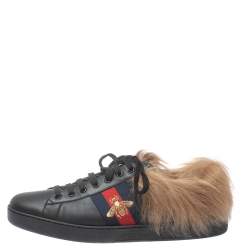 Gucci Black Leather and Fur Ace Embroidered Bee Low Top Sneaker Size 44