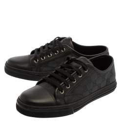 Pre Owned حذاء رياضى غوتشى أربطة منخفض من أعلى جلد وكانفاس  جى جى أسود / رمادى مقاس 39.5