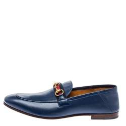 مملوكة مسبقًا Gucci Blue Leather Web Horsebit Slip On Moccasins Size 44.5