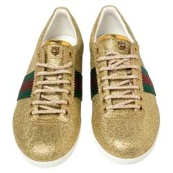مملوكة مسبقًا Gucci Gold Glitter Leather Bambi Sneaker Size 40