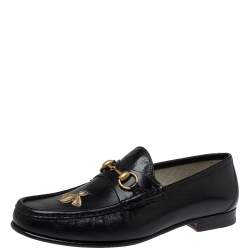 Pre Owned Gucci Black Leather Bee Embroidered Horsebit Slip On Loafers Size 43.5
