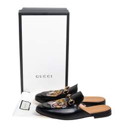 مملوكة مسبقًا Gucci Black Tiger Embroidered Leather Horsebit Princetown Mules Size 42