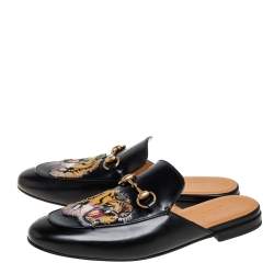 مملوكة مسبقًا Gucci Black Tiger Embroidered Leather Horsebit Princetown Mules Size 42