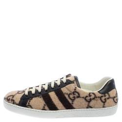 مملوكة مسبقًا Gucci Beige GG Wool And Leather Ace Low Top Sneakers Size 41.5