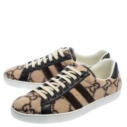 مملوكة مسبقًا Gucci Beige GG Wool And Leather Ace Low Top Sneakers Size 41.5