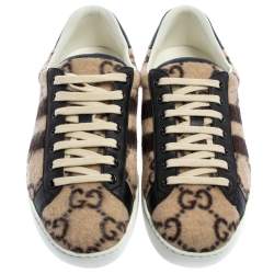 مملوكة مسبقًا Gucci Beige GG Wool And Leather Ace Low Top Sneakers Size 41.5