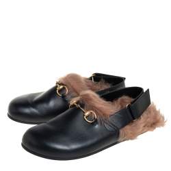 Pre Owned Gucci Black Leather And Fur River Sling Horsebit Sandals Size 40.5