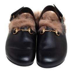 Pre Owned Gucci Black Leather And Fur River Sling Horsebit Sandals Size 40.5