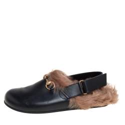 Pre Owned Gucci Black Leather And Fur River Sling Horsebit Sandals Size 40.5