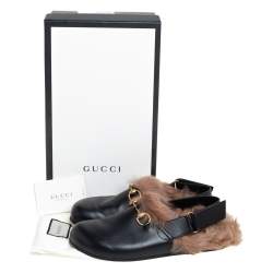 Pre Owned Gucci Black Leather And Fur River Sling Horsebit Sandals Size 40.5