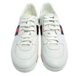 Gucci White Micro Guccissima Leather Web Low Top Sneakers Size 45