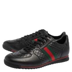 Pre Owned Gucci Black Guccissima Leather Web Detail Lace Up Sneakers Size 45