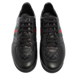 Pre Owned Gucci Black Guccissima Leather Web Detail Lace Up Sneakers Size 45