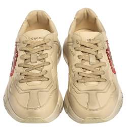 Pre Owned Gucci Ivory Leather Rhyton Mouth Print Low Top Sneakers Size 40