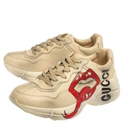 Pre Owned Gucci Ivory Leather Rhyton Mouth Print Low Top Sneakers Size 40