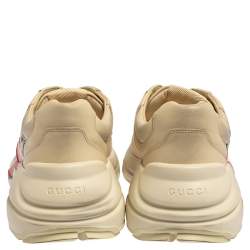 Pre Owned Gucci Ivory Leather Rhyton Mouth Print Low Top Sneakers Size 40