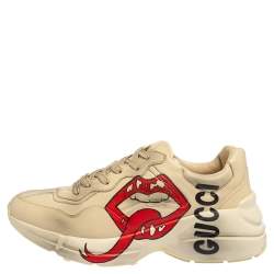 Pre Owned Gucci Ivory Leather Rhyton Mouth Print Low Top Sneakers Size 40