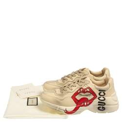 Pre Owned Gucci Ivory Leather Rhyton Mouth Print Low Top Sneakers Size 40