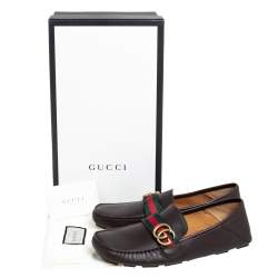Pre Owned Gucci Brown Leather GG Web Loafers Size 42