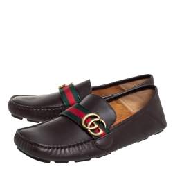 Pre Owned Gucci Brown Leather GG Web Loafers Size 42