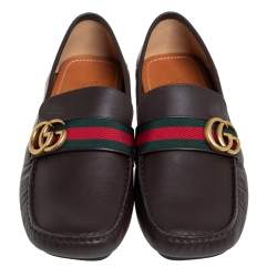 Pre Owned Gucci Brown Leather GG Web Loafers Size 42