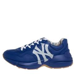 Pre Owned Gucci Blue Leather Rhyton NY Yankees Low Top Sneakers Size 41