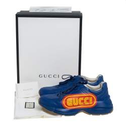Gucci Blue Leather Logo Rhyton Low-Top Sneakers Size 42