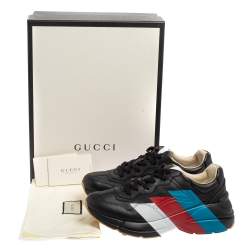 مملوكة مسبقًا Gucci Black Leather Rhyton Web Print Sneaker Size 43