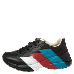 Pre Owned Gucci Black Leather Rhyton Web Print Sneakers Size 42