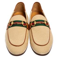 Pre Owned  Gucci Beige/Brown Canvas And Leather Web  Loafers Size 40.5