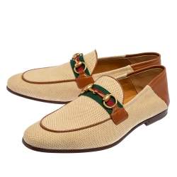 Pre Owned  Gucci Beige/Brown Canvas And Leather Web  Loafers Size 40.5