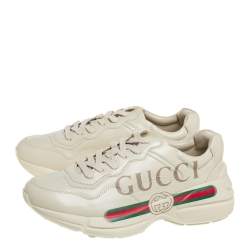 Gucci Beige Leather Rhyton Gucci Logo Low Top Sneakers Size 41