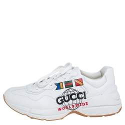 Gucci White Leather Rhyton Worldwide Print Low Top Sneakers Size 44.5