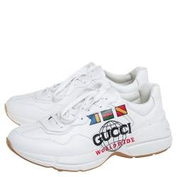 Gucci White Leather Rhyton Worldwide Print Low Top Sneakers Size 44.5
