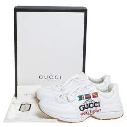Gucci White Leather Rhyton Worldwide Print Low Top Sneakers Size 44.5