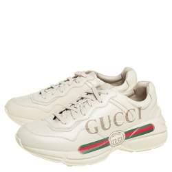 مملوكة مسبقًا Gucci Cream Leather Rhyton Gucci Logo Low Top Sneakers Size 42