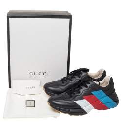 Gucci Black Leather Rhyton Web Print Low Top Sneakers Size 44