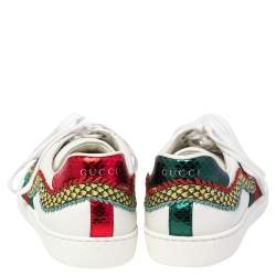 Pre Owned حذاء رياضي غوتشي أيس دراغون جلد أبيض مطرزة عنق منخفض مقاس 40