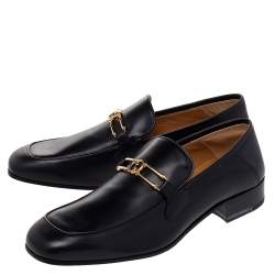 Pre Owned Gucci Black Leather Interlocking G Slip On Loafers Size 44
