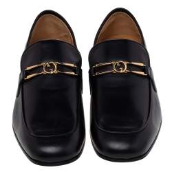 Pre Owned Gucci Black Leather Interlocking G Slip On Loafers Size 44