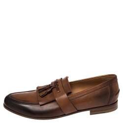 Pre Owned Gucci Brown Leather Tassel Fringe Detail Loafers Size 42