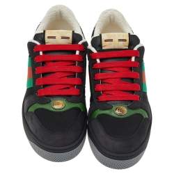 مملوكة مسبقًا Gucci Black Leather And Canvas Web Lace Up Sneakers Size 42.5