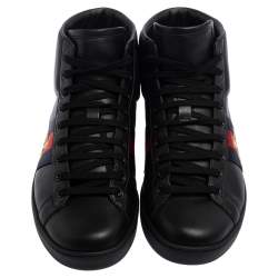 Pre Owned حذاء رياضي غوتشي ايس ج لد أسود مطرز نحلة مرتفع من أعلى مقاس 42