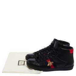 Pre Owned حذاء رياضي غوتشي ايس جلد أسود مطرز نحلة مرتفع من أعلى مقاس 42