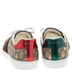 Gucci Beige/Red Canvas And Python Embossed Leather Ace Low Top Sneakers Size 43