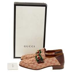 Gucci Beige /Brown GG Canvas And Leather Horsebit Web Slip On Loafers Size 41